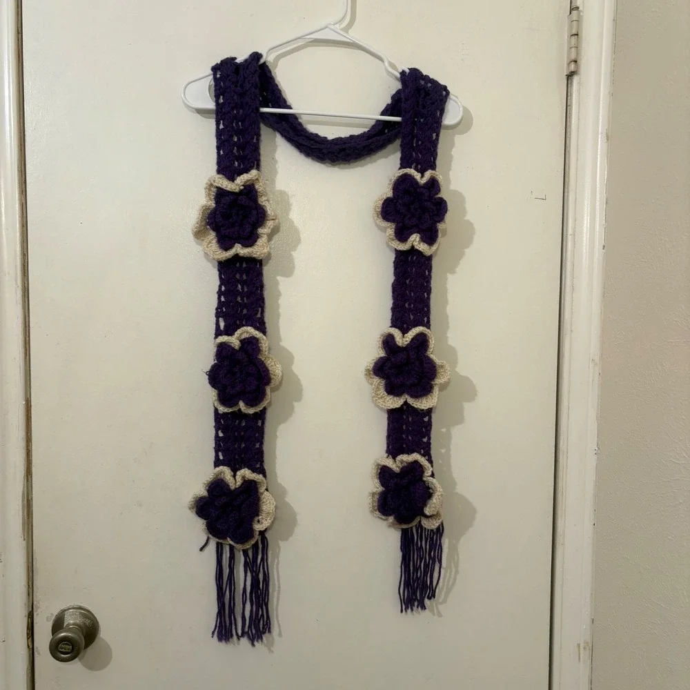 Y2K Purple White Extra Long Skinny Scarf 3D Flower Fringe Girlhood Maximalist